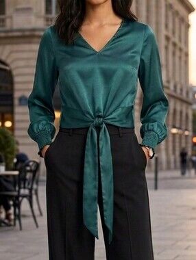 Emerald Green Satin Tie Front Top Boho Smocked Sleeve Blouse XS Better Unsaid